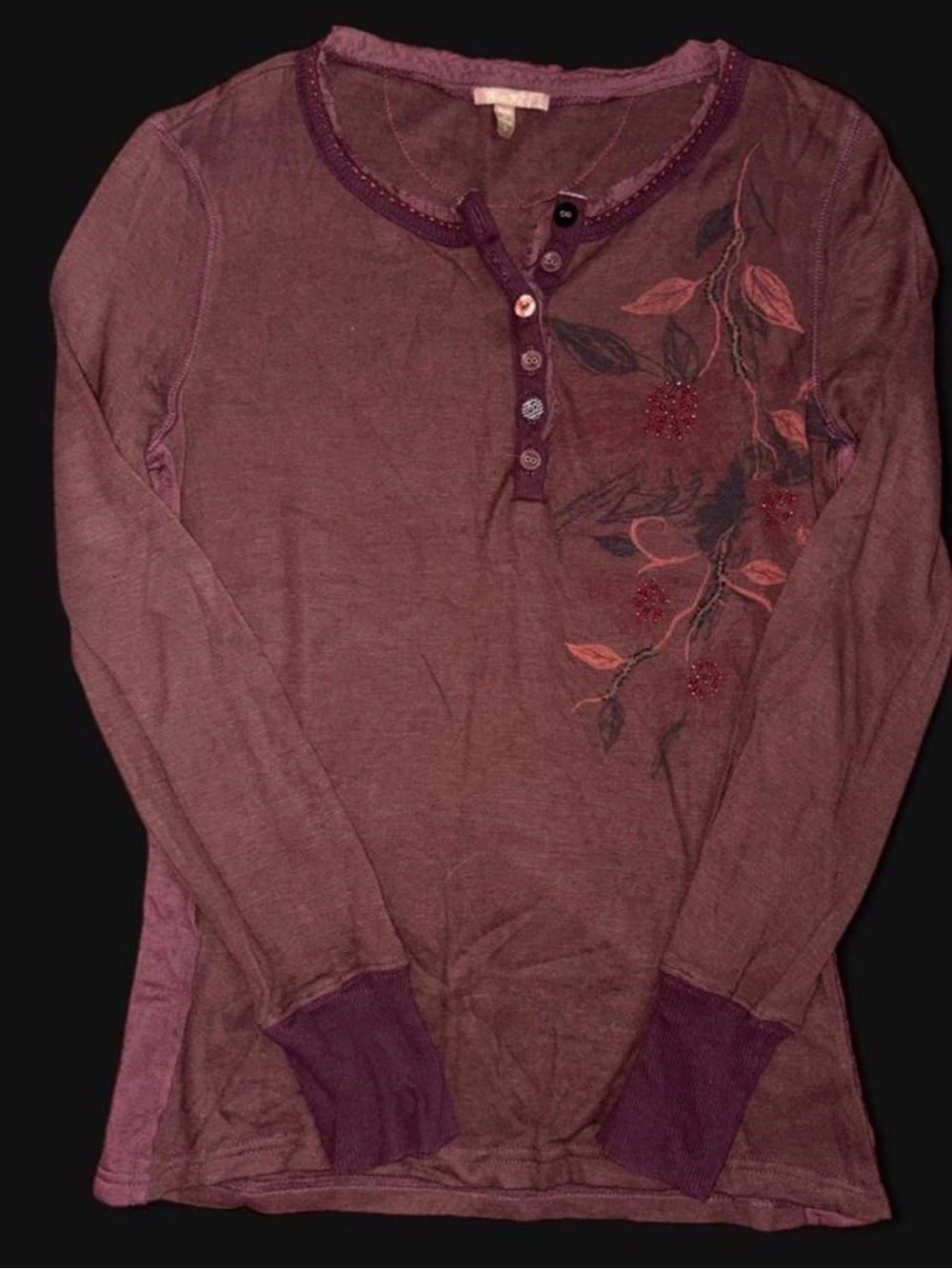 Miss Me Plum Long Sleeve Henley Top with Floral Embroidery